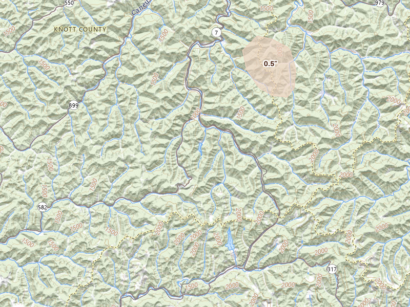 Radar-estimated hail-size map of the storm over Kite, KY on Aug 13, 2026