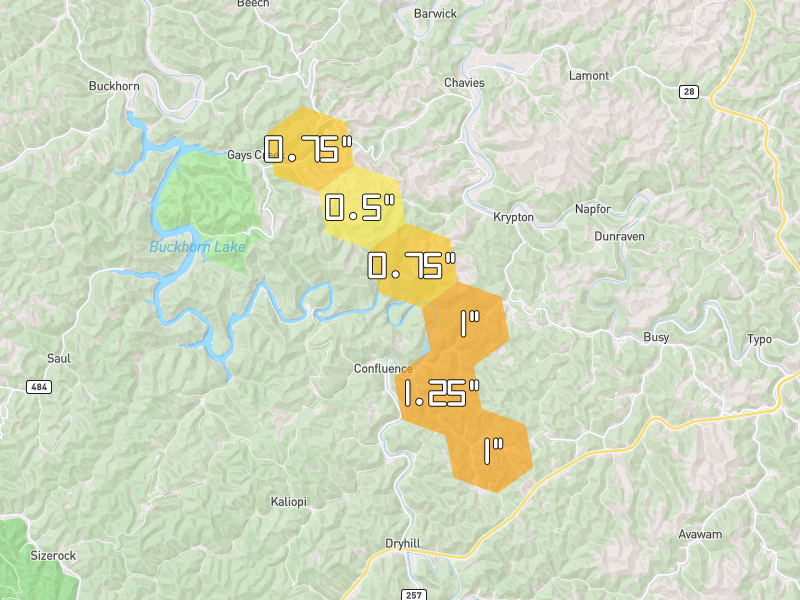 Hail map of Krypton, KY on Jul 28, 2026, hail up to 1.25"