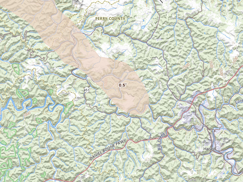 Radar-estimated hail-size map of the storm over Krypton, KY on Aug 16, 2026
