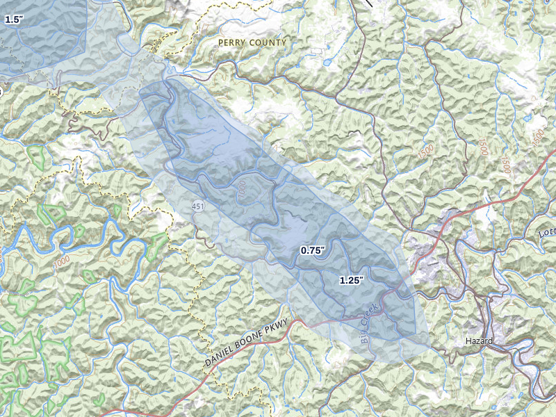 NEXRAD radar-signature map of the hail storm over Krypton, KY on Aug 16, 2026
