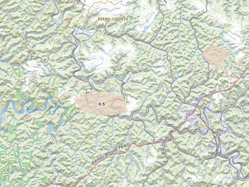 Radar-estimated hail-size map of the storm over Krypton, KY on Aug 22, 2026