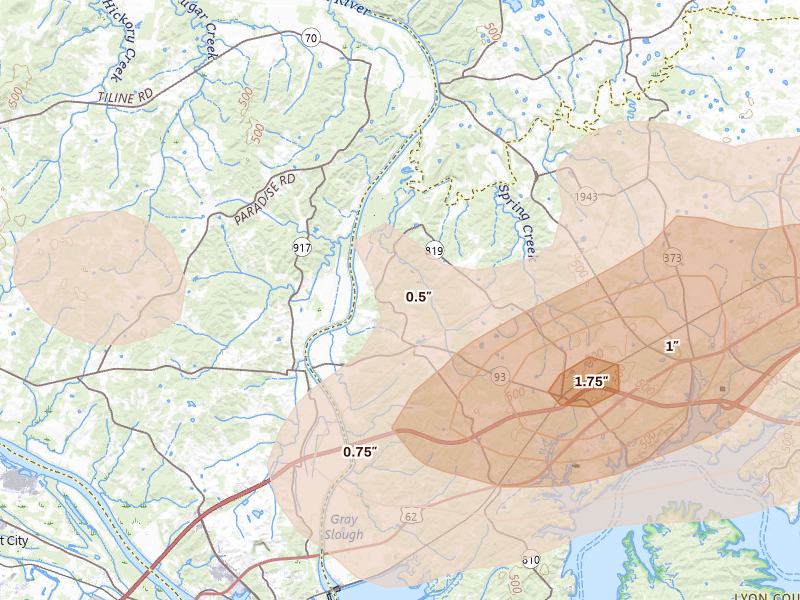 Radar-estimated hail-size map of the storm over Kuttawa, KY on Jul 9, 2026