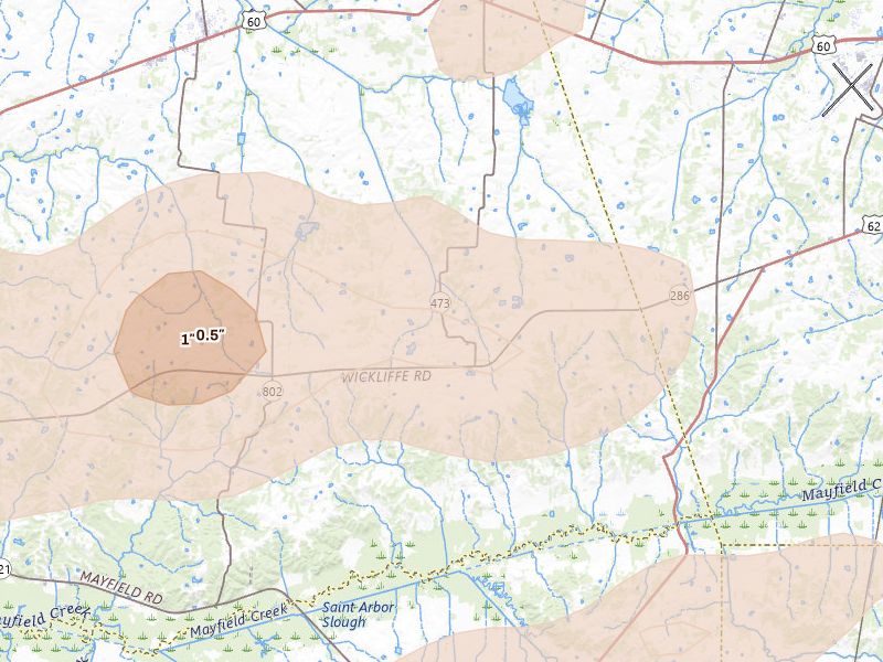 Radar-estimated hail-size map of the storm over La Center, KY