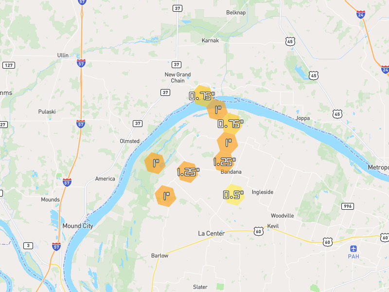 Hail map of La Center, KY on Jun 1, 2026, hail up to 1.25"