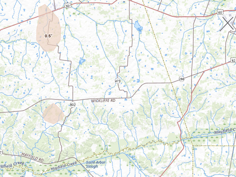 Radar-estimated hail-size map of the storm over La Center, KY on Jul 7, 2026
