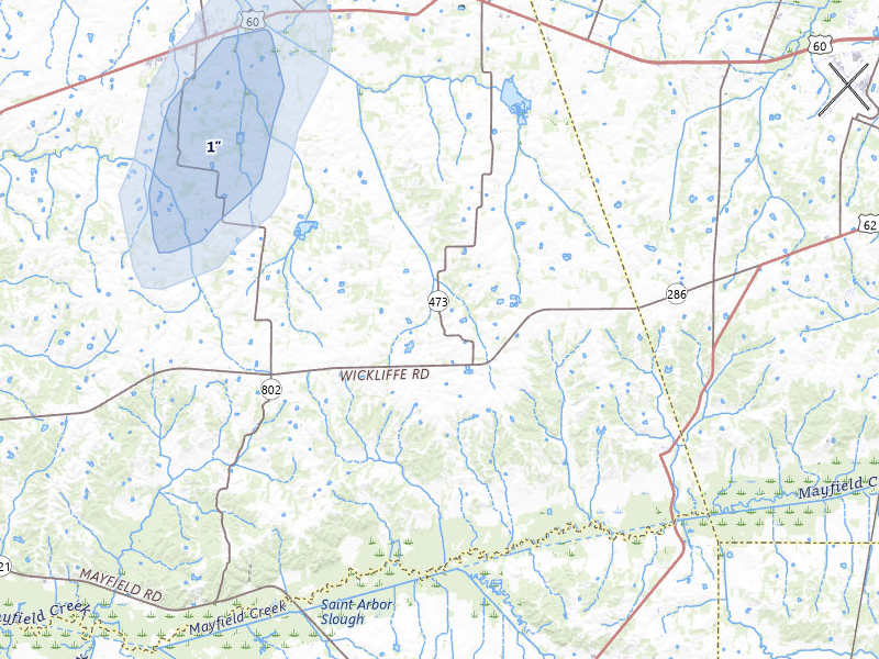 NEXRAD radar-signature map of the hail storm over La Center, KY on Jul 7, 2026