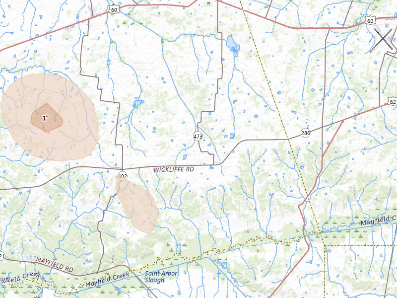 Radar-estimated hail-size map of the storm over La Center, KY on Jul 8, 2026
