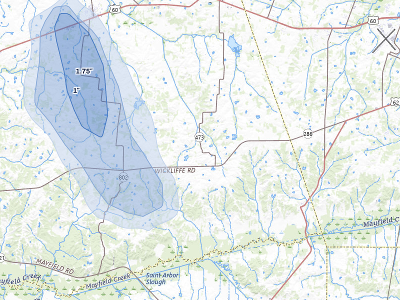 NEXRAD radar-signature map of the hail storm over La Center, KY on Jul 8, 2026