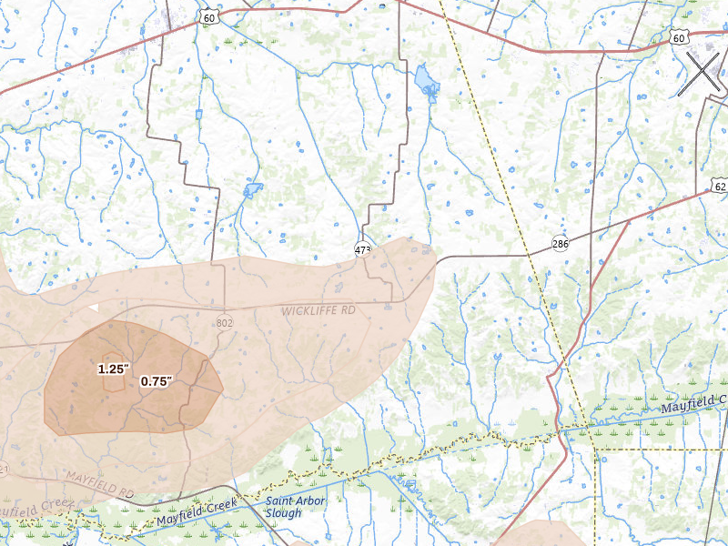 Radar-estimated hail-size map of the storm over La Center, KY on Jul 9, 2026