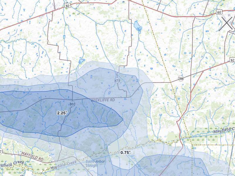 NEXRAD radar-signature map of the hail storm over La Center, KY on Jul 9, 2026