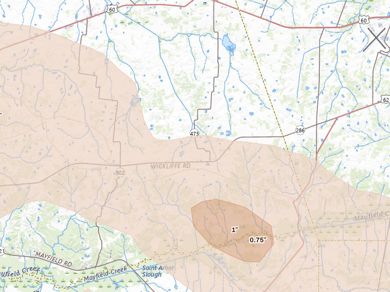 Radar-estimated hail-size map of the storm over La Center, KY on Aug 19, 2026