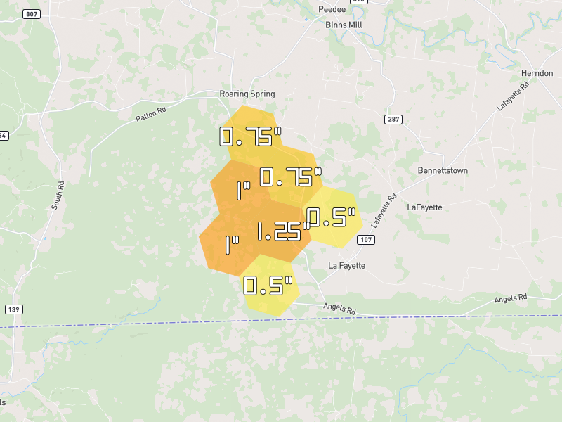 Hail map of La Fayette, KY on Jul 2, 2026, hail up to 1.25"