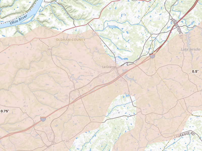 Radar-estimated hail-size map of the storm over La Grange, KY on May 16, 2026