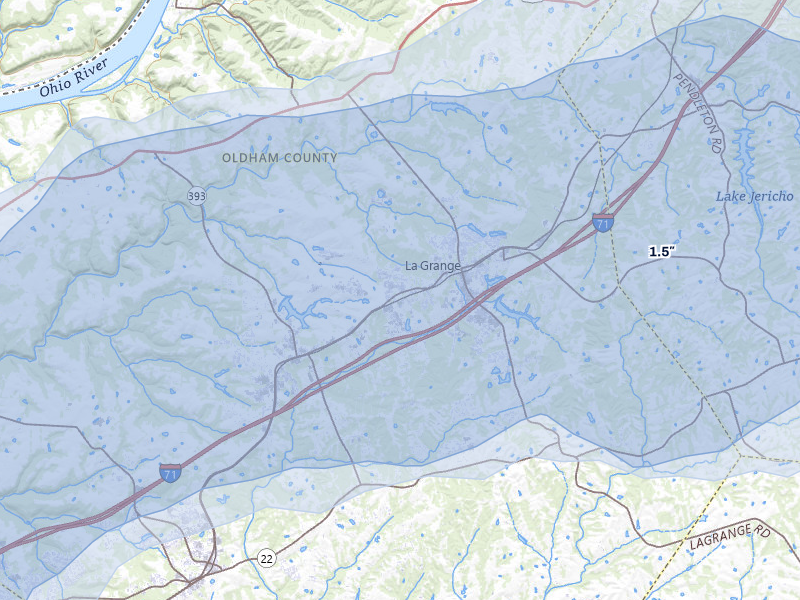 NEXRAD radar-signature map of the hail storm over La Grange, KY on May 16, 2026