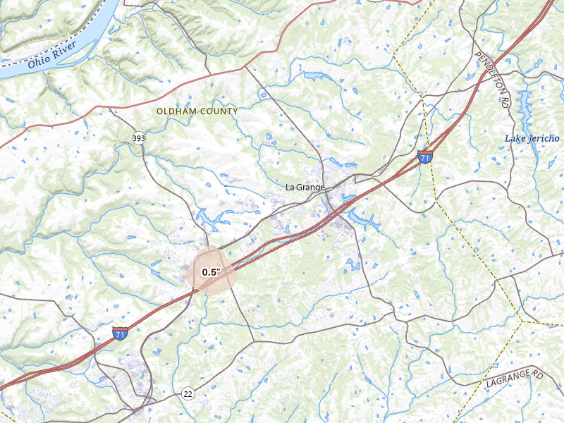Radar-estimated hail-size map of the storm over La Grange, KY on Jul 27, 2026