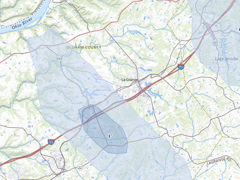 NEXRAD radar-signature map of the hail over La Grange, KY