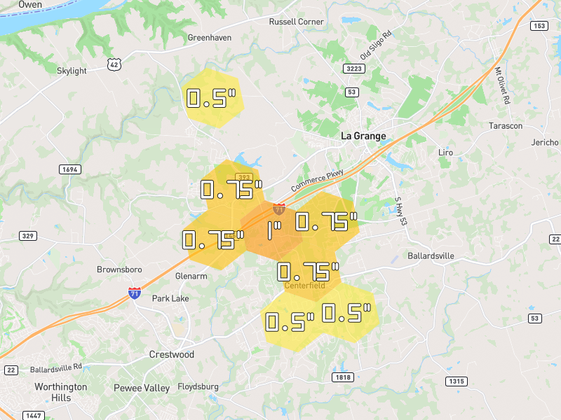 Hail map of La Grange, KY on Jul 28, 2026, hail up to 1"