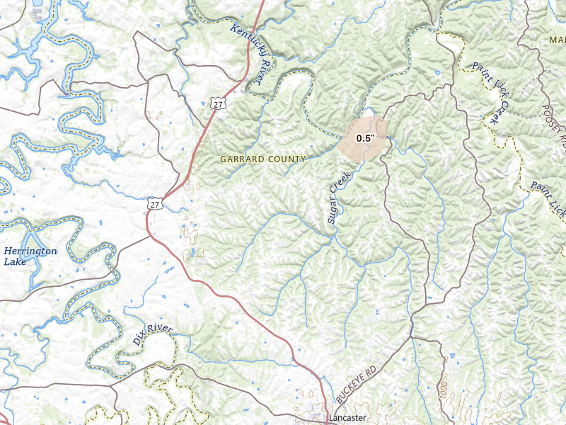 Radar-estimated hail-size map of the storm over Lancaster, KY on Aug 6, 2026