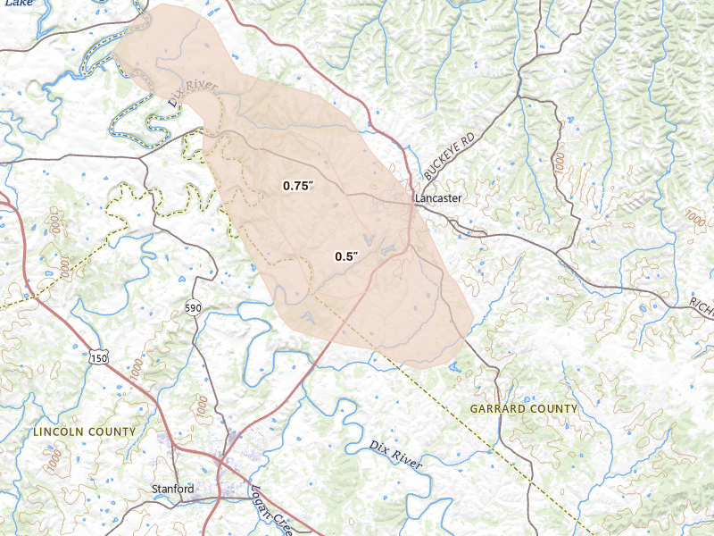 Radar-estimated hail-size map of the storm over Lancaster, KY on Aug 12, 2026