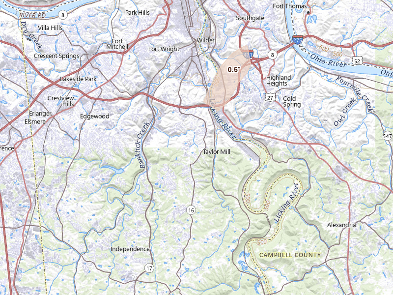 Radar-estimated hail-size map of the storm over Latonia, KY on Jul 27, 2026