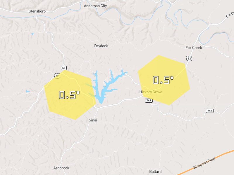 Hail map of Lawrenceburg, KY on Jul 21, 2026, hail up to 0.5"