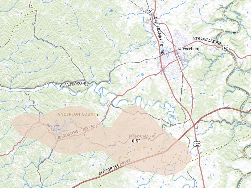 Radar-estimated hail-size map of the storm over Lawrenceburg, KY on Aug 11, 2026