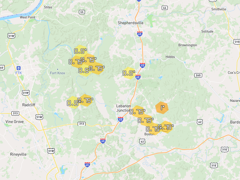 Hail map of Lebanon Junction, KY on Jul 21, 2026, hail up to 1"