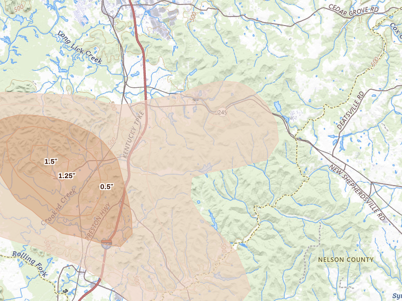 Radar-estimated hail-size map of the storm over Lebanon Junction, KY on Aug 16, 2026