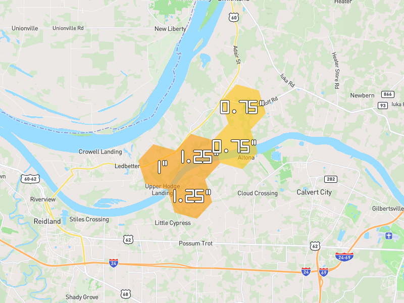 Hail map of Ledbetter, KY on Jul 4, 2026, hail up to 1.25"