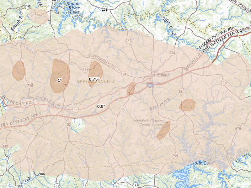 Radar-estimated hail-size map of the storm over Leitchfield, KY on Apr 27, 2026