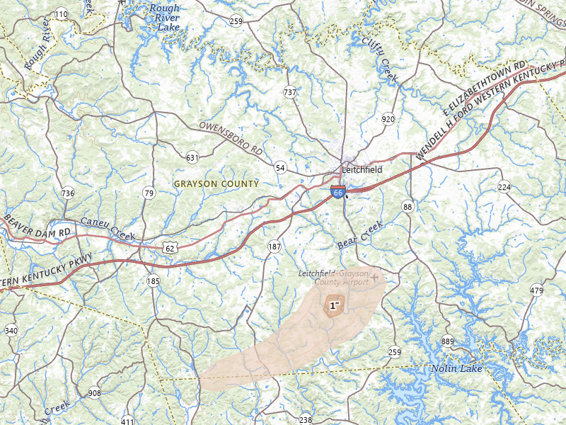 Radar-estimated hail-size map of the storm over Leitchfield, KY on Jul 11, 2026