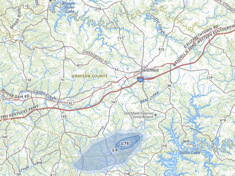 NEXRAD radar-signature map of the hail over Leitchfield, KY