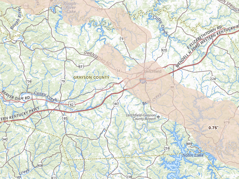 Radar-estimated hail-size map of the storm over Leitchfield, KY on Jul 21, 2026