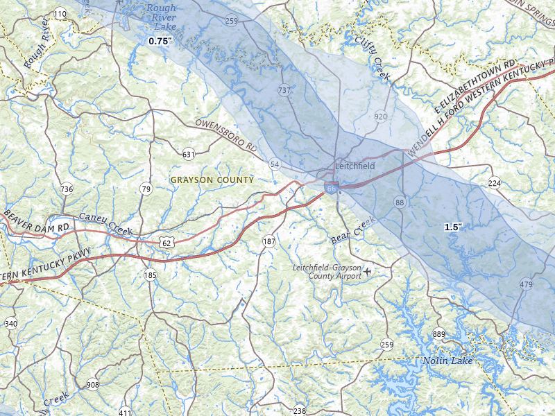 NEXRAD radar-signature map of the hail over Leitchfield, KY