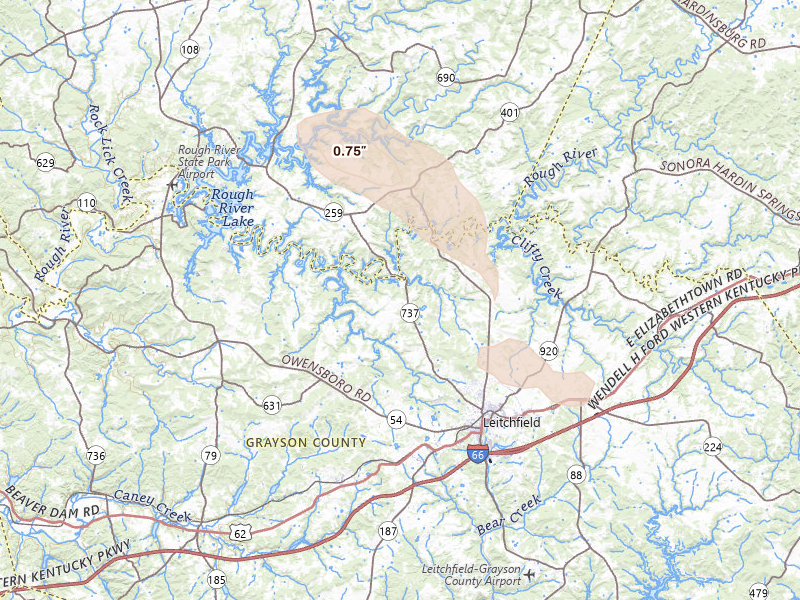 Radar-estimated hail-size map of the storm over Leitchfield, KY on Aug 12, 2026