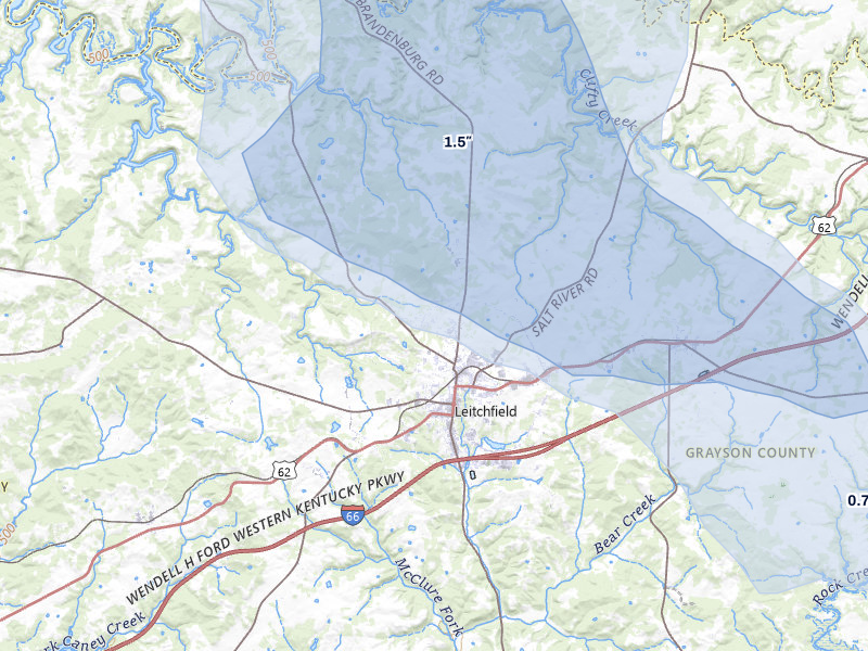 NEXRAD radar-signature map of the hail storm over Leitchfield, KY on Aug 12, 2026