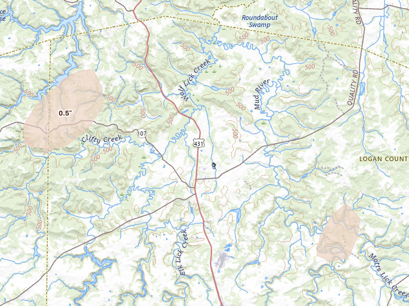 Radar-estimated hail-size map of the storm over Lewisburg, KY on Apr 27, 2026