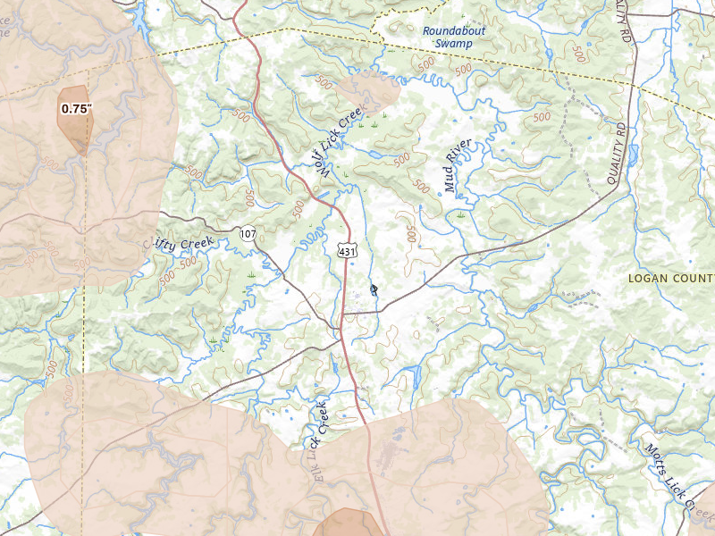 Radar-estimated hail-size map of the storm over Lewisburg, KY on Jul 3, 2026
