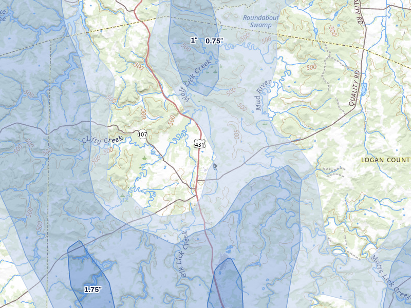 NEXRAD radar-signature map of the hail storm over Lewisburg, KY on Jul 3, 2026