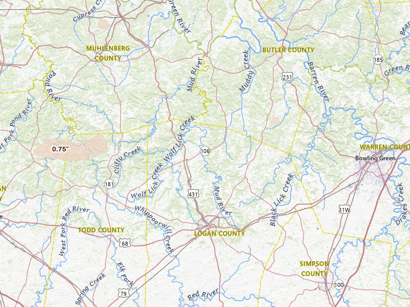Radar-estimated hail-size map of the storm over Lewisburg, KY on Jul 9, 2026