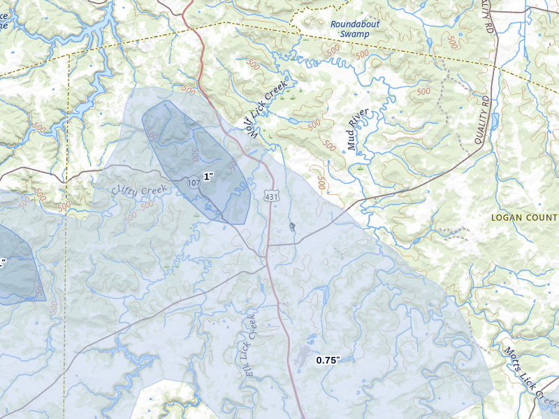 NEXRAD radar-signature map of the hail storm over Lewisburg, KY on Jul 10, 2026