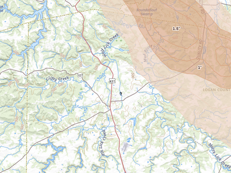 Radar-estimated hail-size map of the storm over Lewisburg, KY on Jul 21, 2026