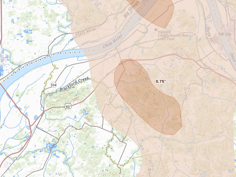 Radar-estimated hail-size map of the storm over Lewisport, KY on Aug 12, 2026