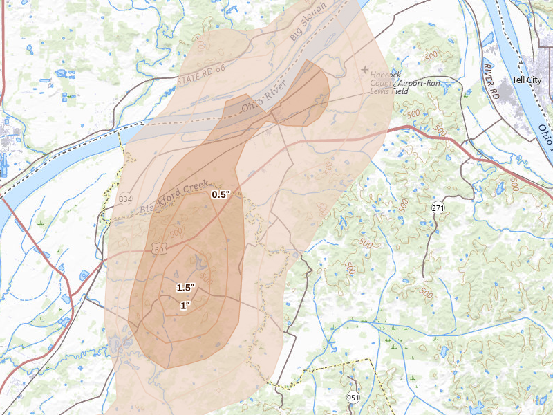 Radar-estimated hail-size map of the storm over Lewisport, KY