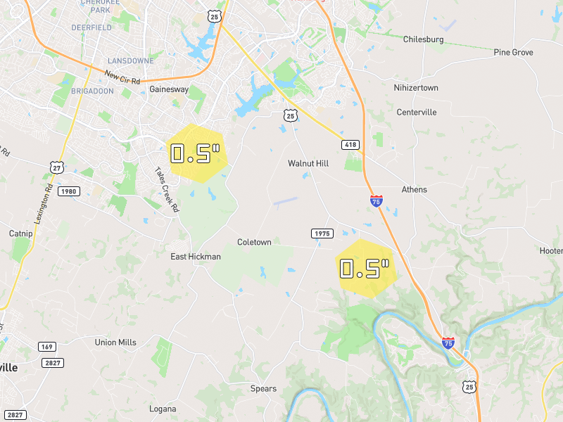 Hail map of Lexington, KY on Jul 28, 2026, hail up to 0.5"