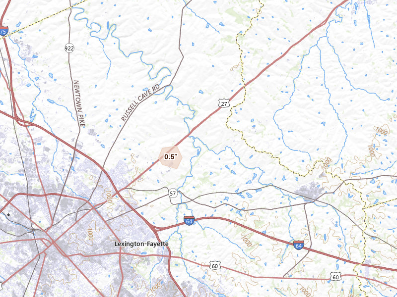 Radar-estimated hail-size map of the storm over Lexington, KY on Aug 5, 2026