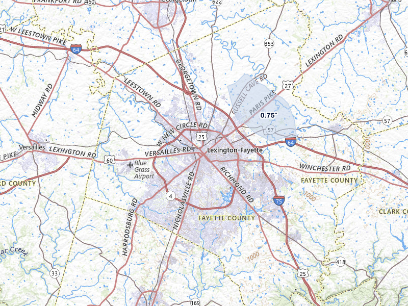 NEXRAD radar-signature map of the hail storm over Lexington, KY on Aug 5, 2026