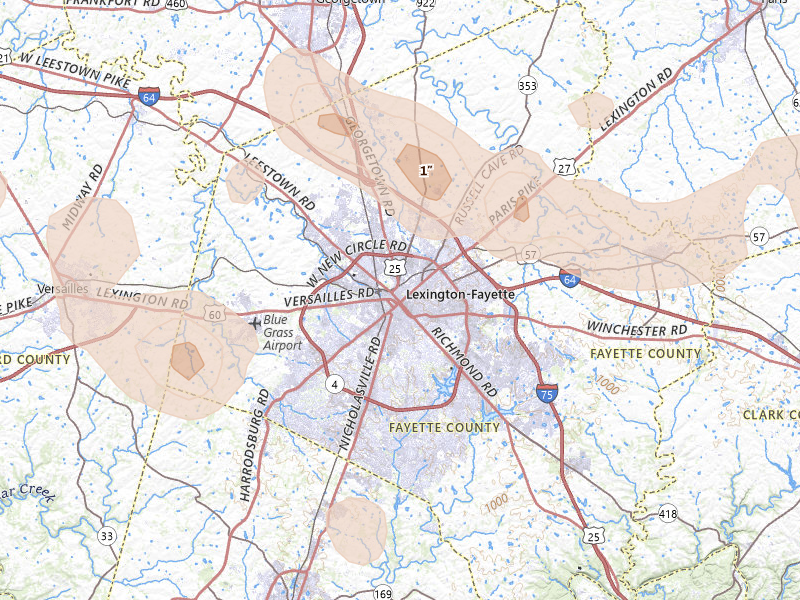 Radar-estimated hail-size map of the storm over Lexington, KY on Aug 11, 2026