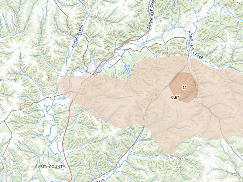 Radar-estimated hail-size map of the storm over Liberty, KY on Aug 11, 2026