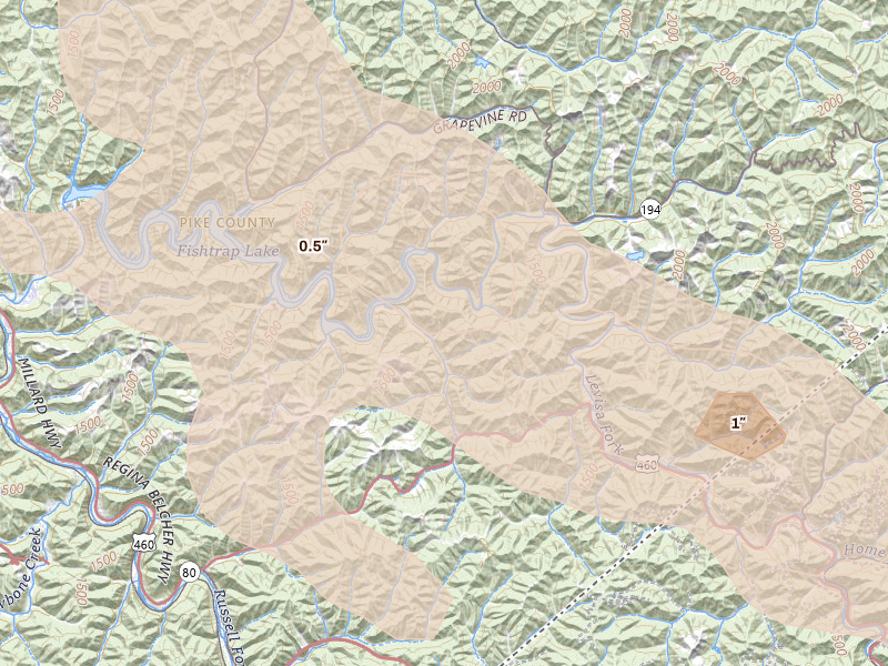 Radar-estimated hail-size map of the storm over Lick Creek, KY